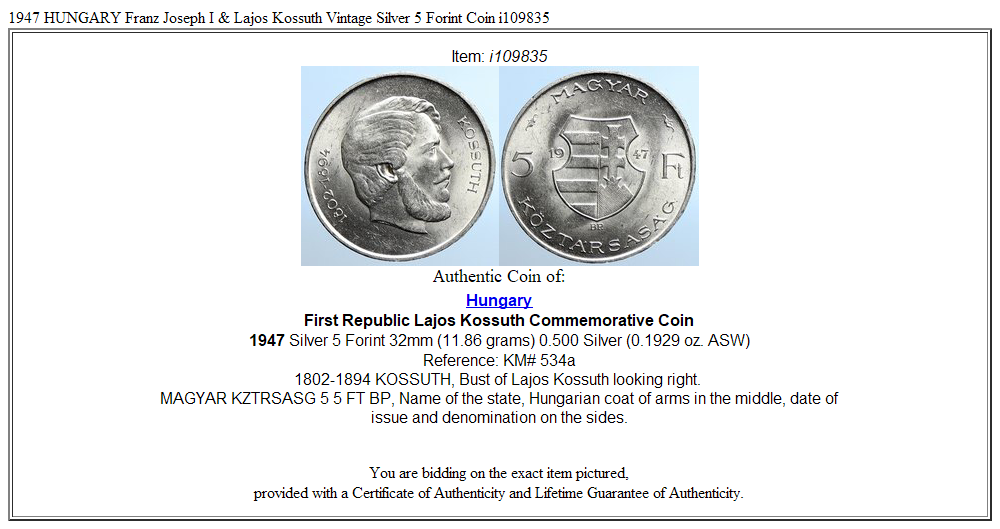 1947 HUNGARY Franz Joseph I & Lajos Kossuth Vintage Silver 5 Forint Coin i109835