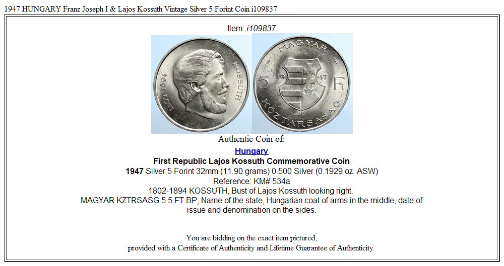 1947 HUNGARY Franz Joseph I & Lajos Kossuth Vintage Silver 5 Forint Coin i109837