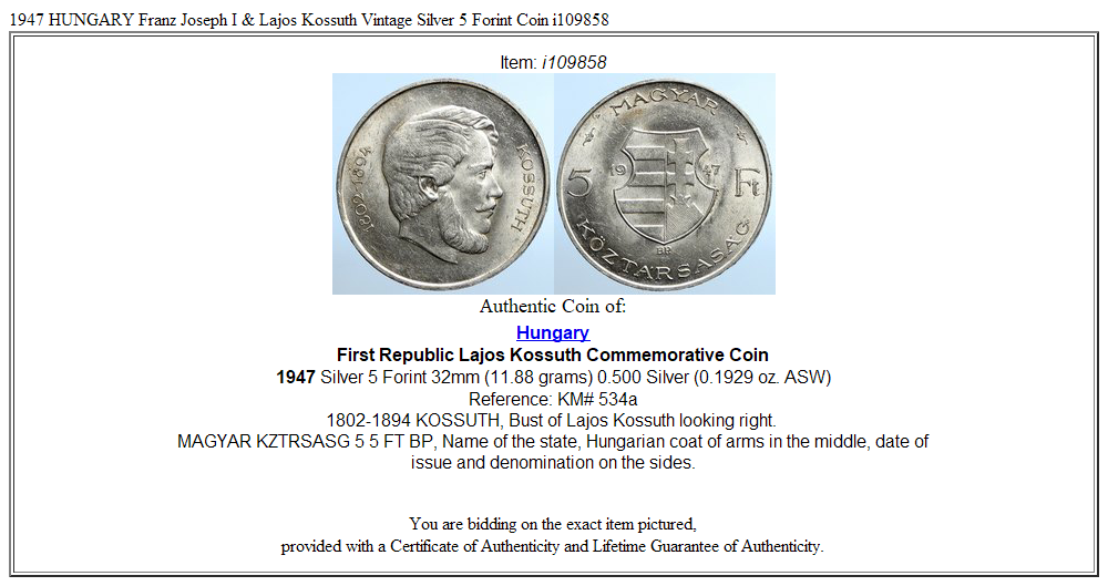 1947 HUNGARY Franz Joseph I & Lajos Kossuth Vintage Silver 5 Forint Coin i109858