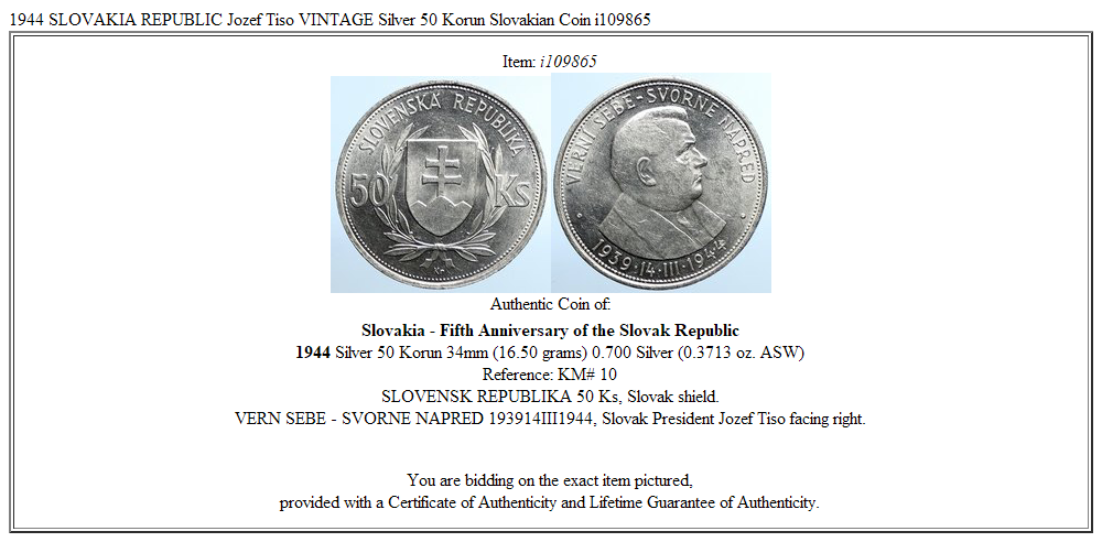 1944 SLOVAKIA REPUBLIC Jozef Tiso VINTAGE Silver 50 Korun Slovakian Coin i109865