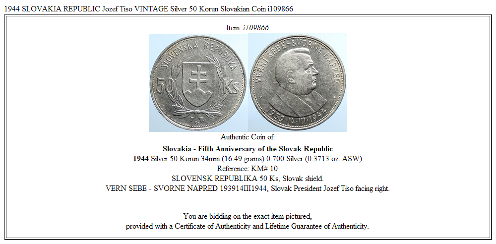 1944 SLOVAKIA REPUBLIC Jozef Tiso VINTAGE Silver 50 Korun Slovakian Coin i109866