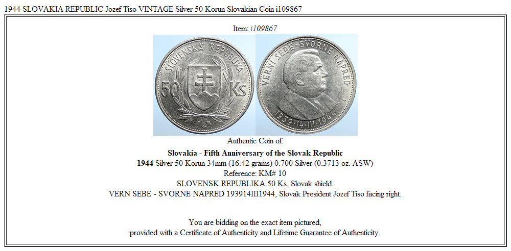 1944 SLOVAKIA REPUBLIC Jozef Tiso VINTAGE Silver 50 Korun Slovakian Coin i109867