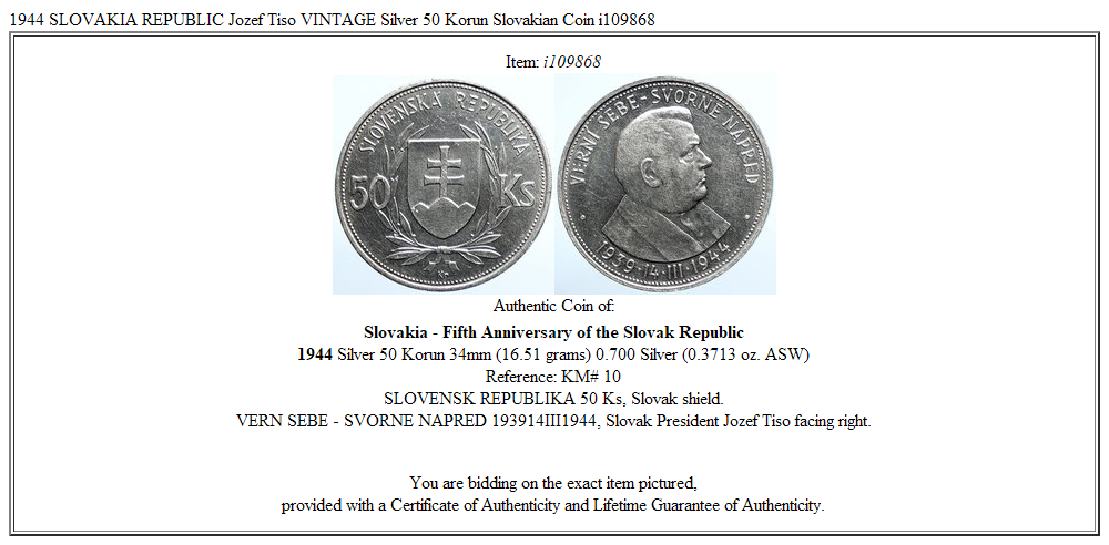 1944 SLOVAKIA REPUBLIC Jozef Tiso VINTAGE Silver 50 Korun Slovakian Coin i109868