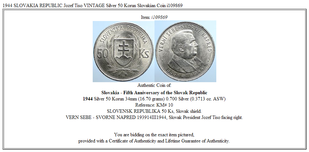 1944 SLOVAKIA REPUBLIC Jozef Tiso VINTAGE Silver 50 Korun Slovakian Coin i109869