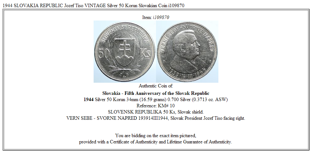 1944 SLOVAKIA REPUBLIC Jozef Tiso VINTAGE Silver 50 Korun Slovakian Coin i109870