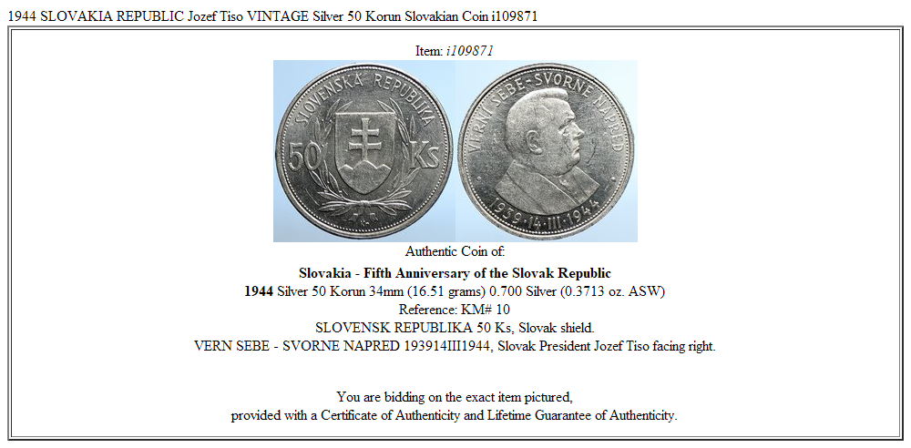 1944 SLOVAKIA REPUBLIC Jozef Tiso VINTAGE Silver 50 Korun Slovakian Coin i109871