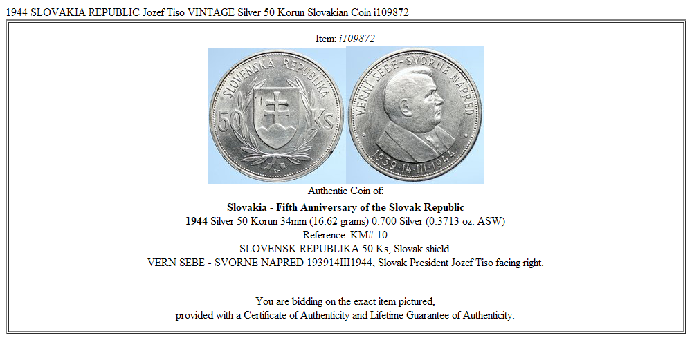 1944 SLOVAKIA REPUBLIC Jozef Tiso VINTAGE Silver 50 Korun Slovakian Coin i109872