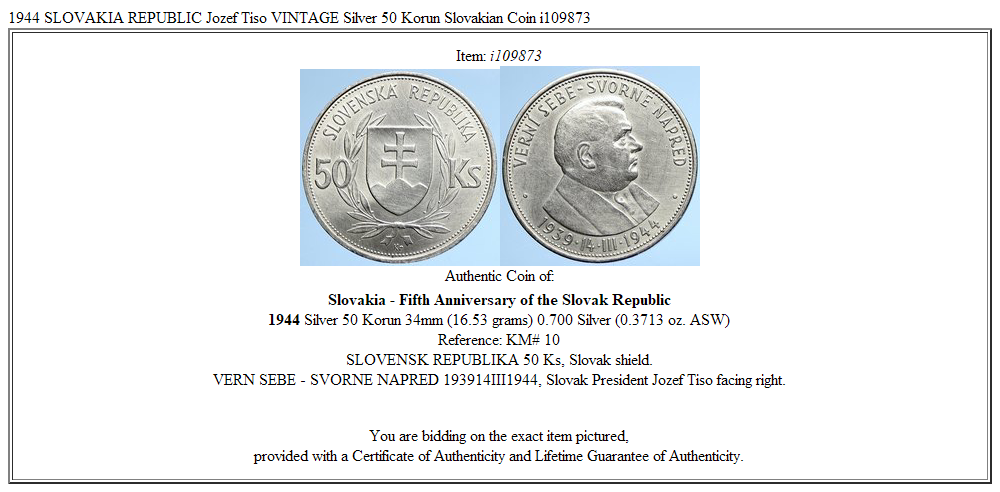 1944 SLOVAKIA REPUBLIC Jozef Tiso VINTAGE Silver 50 Korun Slovakian Coin i109873