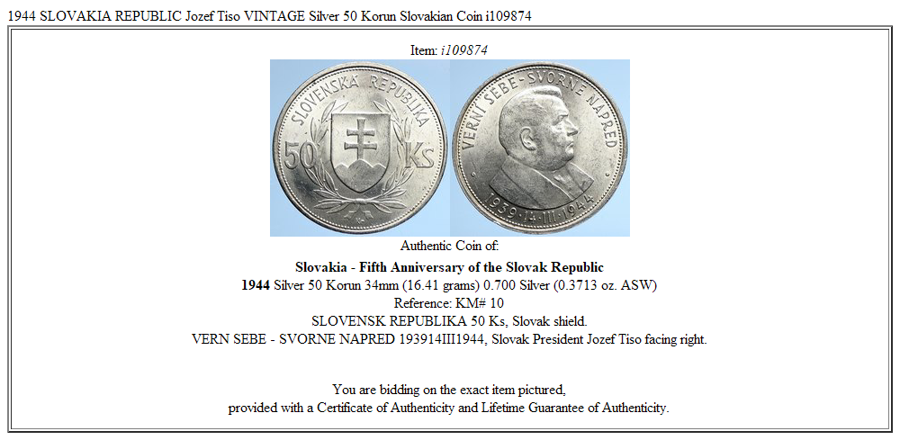 1944 SLOVAKIA REPUBLIC Jozef Tiso VINTAGE Silver 50 Korun Slovakian Coin i109874