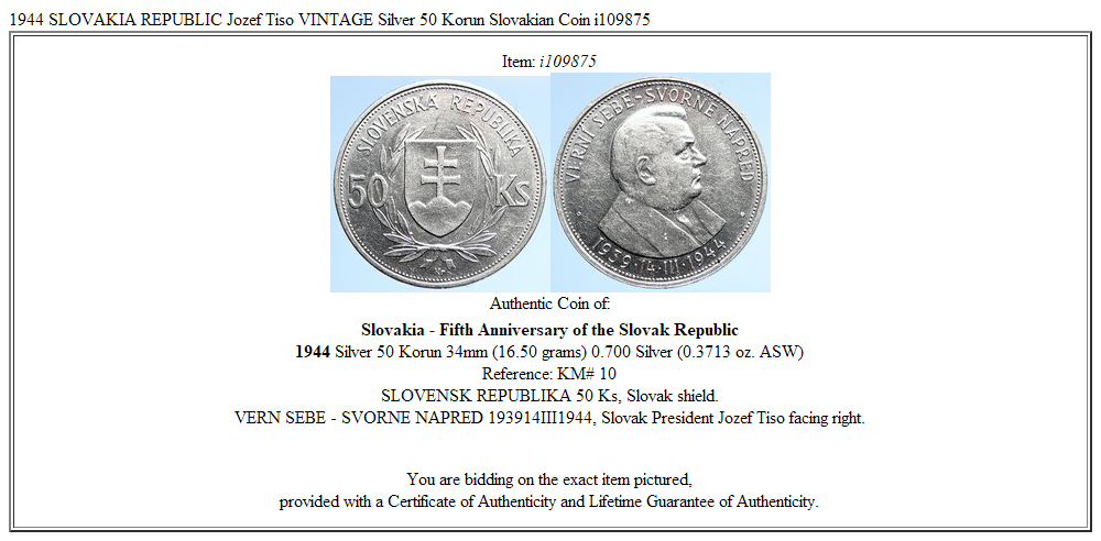 1944 SLOVAKIA REPUBLIC Jozef Tiso VINTAGE Silver 50 Korun Slovakian Coin i109875