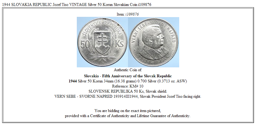 1944 SLOVAKIA REPUBLIC Jozef Tiso VINTAGE Silver 50 Korun Slovakian Coin i109876