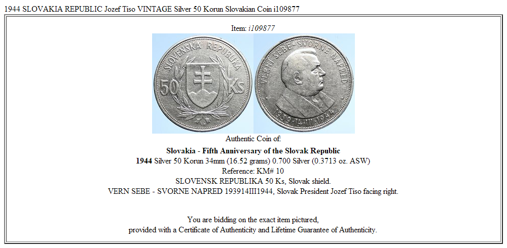 1944 SLOVAKIA REPUBLIC Jozef Tiso VINTAGE Silver 50 Korun Slovakian Coin i109877