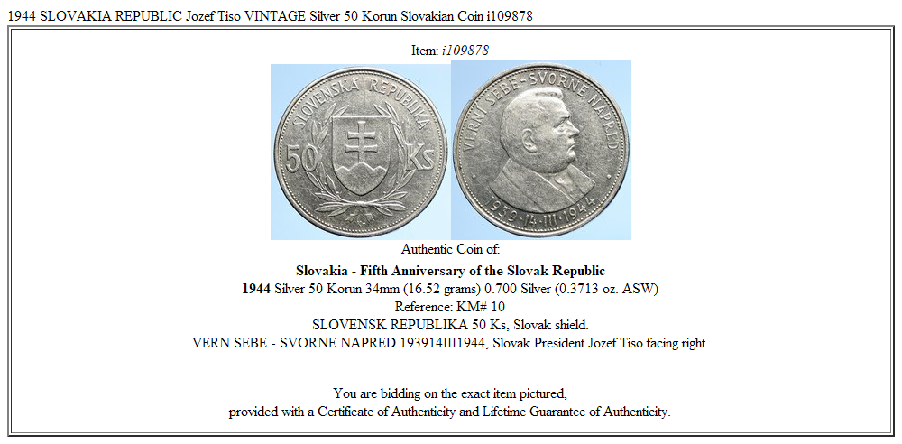 1944 SLOVAKIA REPUBLIC Jozef Tiso VINTAGE Silver 50 Korun Slovakian Coin i109878