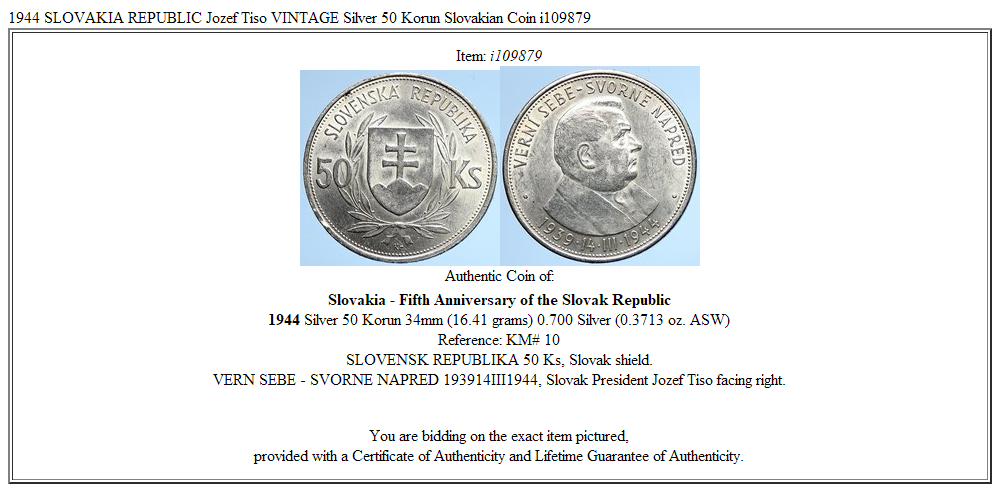 1944 SLOVAKIA REPUBLIC Jozef Tiso VINTAGE Silver 50 Korun Slovakian Coin i109879