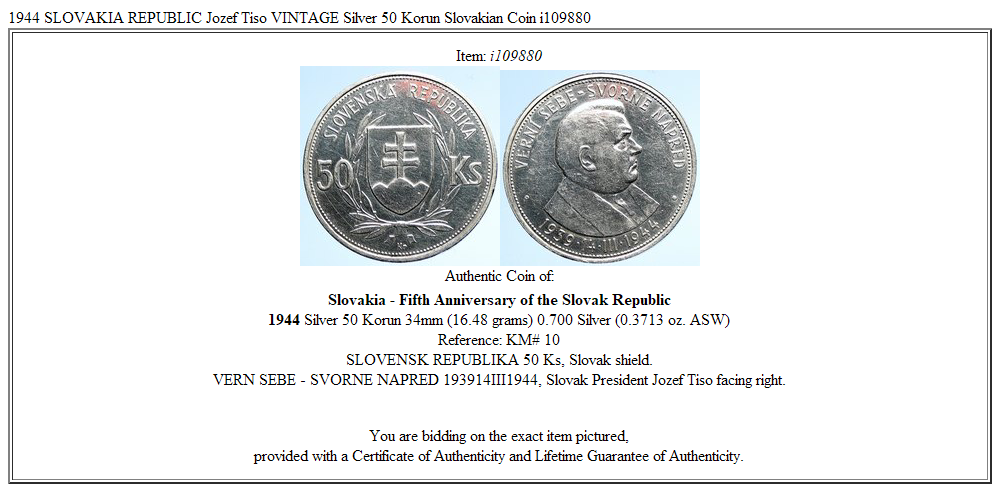 1944 SLOVAKIA REPUBLIC Jozef Tiso VINTAGE Silver 50 Korun Slovakian Coin i109880