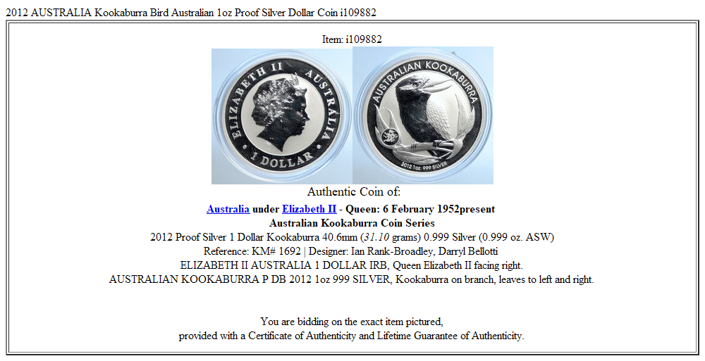 2012 AUSTRALIA Kookaburra Bird Australian 1oz Proof Silver Dollar Coin i109882