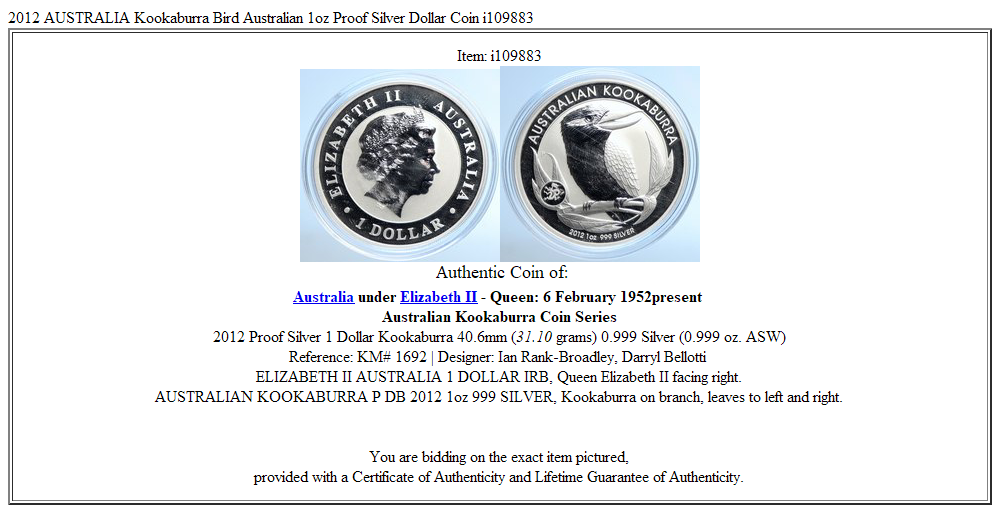 2012 AUSTRALIA Kookaburra Bird Australian 1oz Proof Silver Dollar Coin i109883