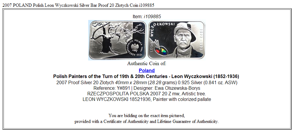 2007 POLAND Polish Leon Wyczółkowski Silver Bar Proof 20 Zlotych Coin i109885