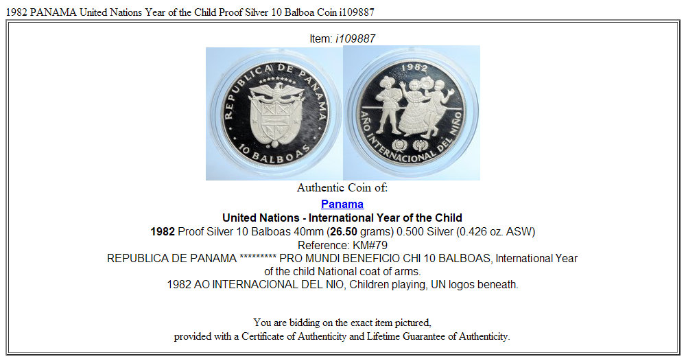 1982 PANAMA United Nations Year of the Child Proof Silver 10 Balboa Coin i109887
