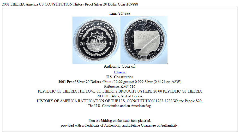 2001 LIBERIA America US CONSTITUTION History Proof Silver 20 Dollar Coin i109888