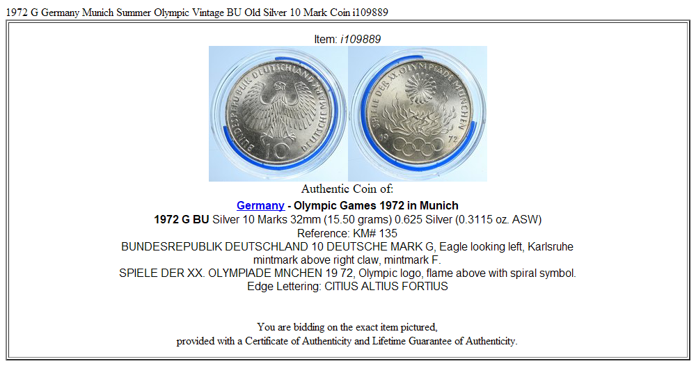 1972 G Germany Munich Summer Olympic Vintage BU Old Silver 10 Mark Coin i109889