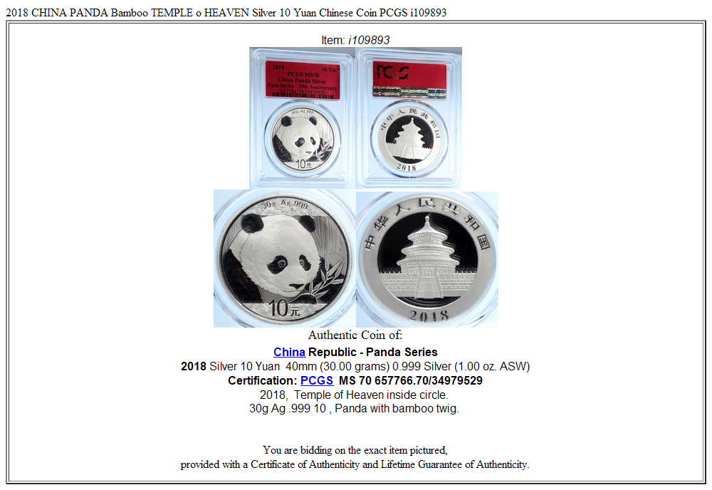 2018 CHINA PANDA Bamboo TEMPLE o HEAVEN Silver 10 Yuan Chinese Coin PCGS i109893