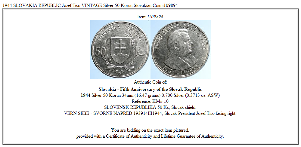 1944 SLOVAKIA REPUBLIC Jozef Tiso VINTAGE Silver 50 Korun Slovakian Coin i109894