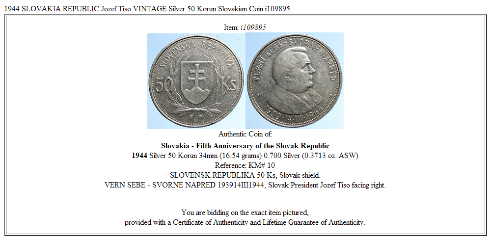 1944 SLOVAKIA REPUBLIC Jozef Tiso VINTAGE Silver 50 Korun Slovakian Coin i109895