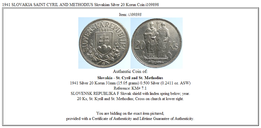 1941 SLOVAKIA SAINT CYRIL AND METHODIUS Slovakian Silver 20 Korun Coin i109898