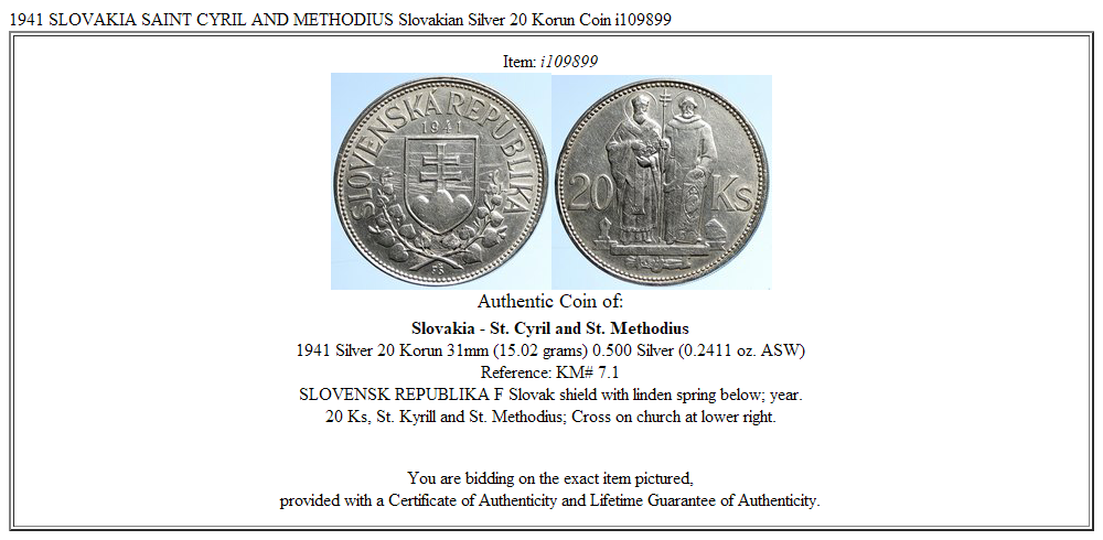 1941 SLOVAKIA SAINT CYRIL AND METHODIUS Slovakian Silver 20 Korun Coin i109899