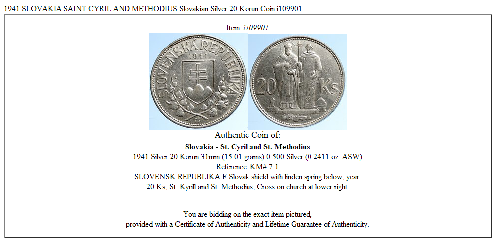 1941 SLOVAKIA SAINT CYRIL AND METHODIUS Slovakian Silver 20 Korun Coin i109901