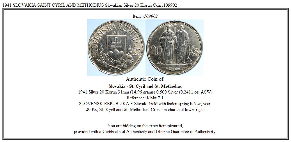 1941 SLOVAKIA SAINT CYRIL AND METHODIUS Slovakian Silver 20 Korun Coin i109902