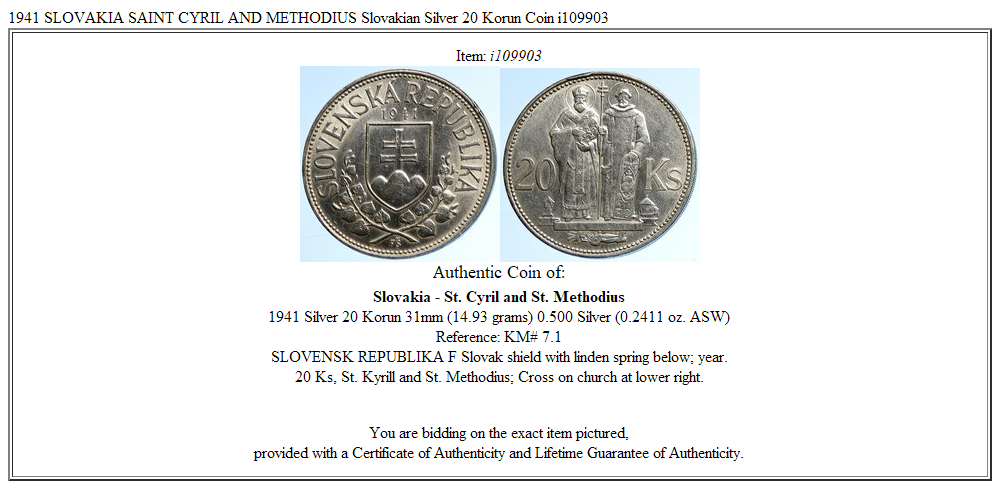 1941 SLOVAKIA SAINT CYRIL AND METHODIUS Slovakian Silver 20 Korun Coin i109903