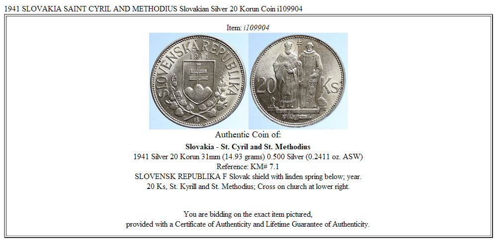 1941 SLOVAKIA SAINT CYRIL AND METHODIUS Slovakian Silver 20 Korun Coin i109904