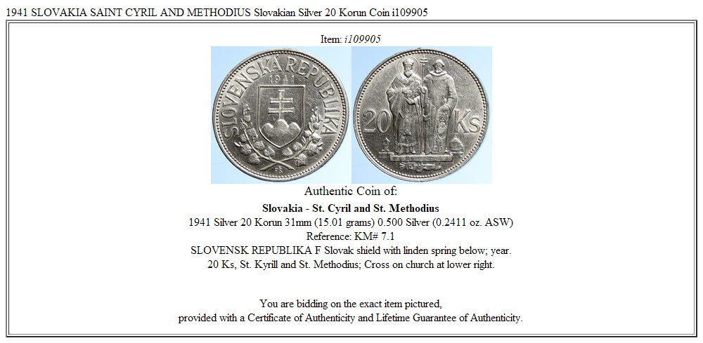 1941 SLOVAKIA SAINT CYRIL AND METHODIUS Slovakian Silver 20 Korun Coin i109905