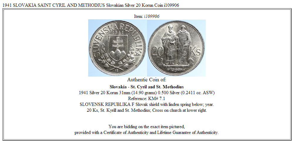 1941 SLOVAKIA SAINT CYRIL AND METHODIUS Slovakian Silver 20 Korun Coin i109906