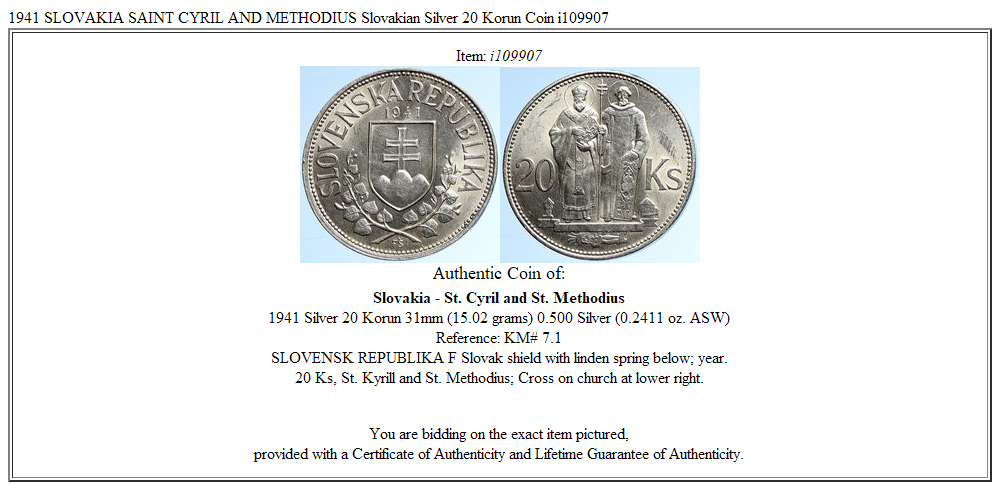 1941 SLOVAKIA SAINT CYRIL AND METHODIUS Slovakian Silver 20 Korun Coin i109907