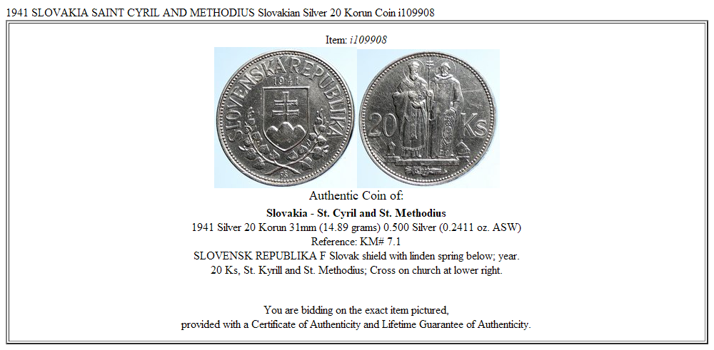 1941 SLOVAKIA SAINT CYRIL AND METHODIUS Slovakian Silver 20 Korun Coin i109908