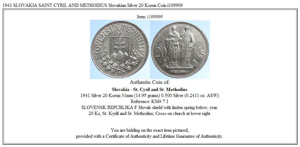 1941 SLOVAKIA SAINT CYRIL AND METHODIUS Slovakian Silver 20 Korun Coin i109909