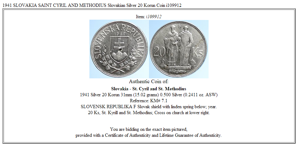 1941 SLOVAKIA SAINT CYRIL AND METHODIUS Slovakian Silver 20 Korun Coin i109912