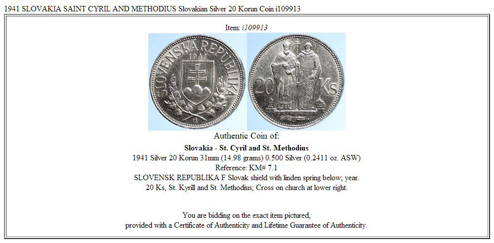 1941 SLOVAKIA SAINT CYRIL AND METHODIUS Slovakian Silver 20 Korun Coin i109913