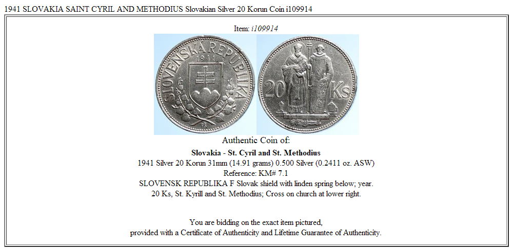 1941 SLOVAKIA SAINT CYRIL AND METHODIUS Slovakian Silver 20 Korun Coin i109914