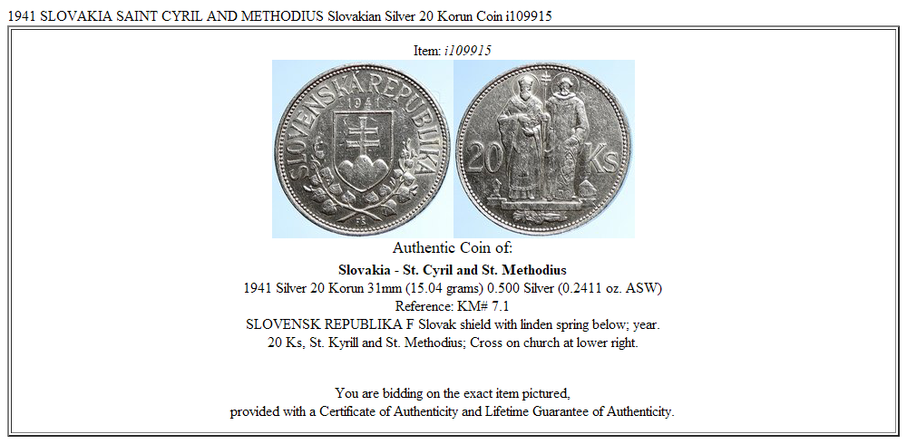 1941 SLOVAKIA SAINT CYRIL AND METHODIUS Slovakian Silver 20 Korun Coin i109915