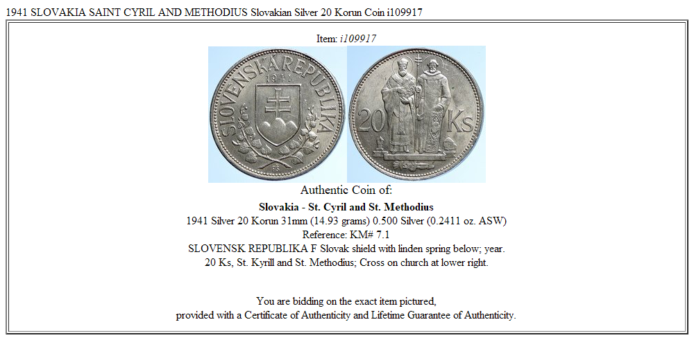 1941 SLOVAKIA SAINT CYRIL AND METHODIUS Slovakian Silver 20 Korun Coin i109917