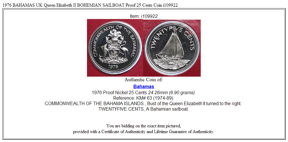 1976 BAHAMAS UK Queen Elizabeth II BOHEMIAN SAILBOAT Proof 25 Cents Coin i109922