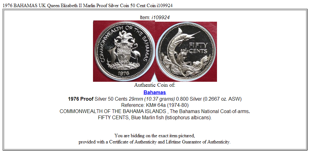 1976 BAHAMAS UK Queen Elizabeth II Marlin Proof Silver Coin 50 Cent Coin i109924