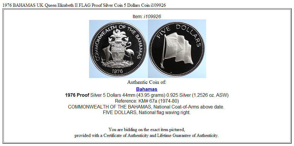 1976 BAHAMAS UK Queen Elizabeth II FLAG Proof Silver Coin 5 Dollars Coin i109926