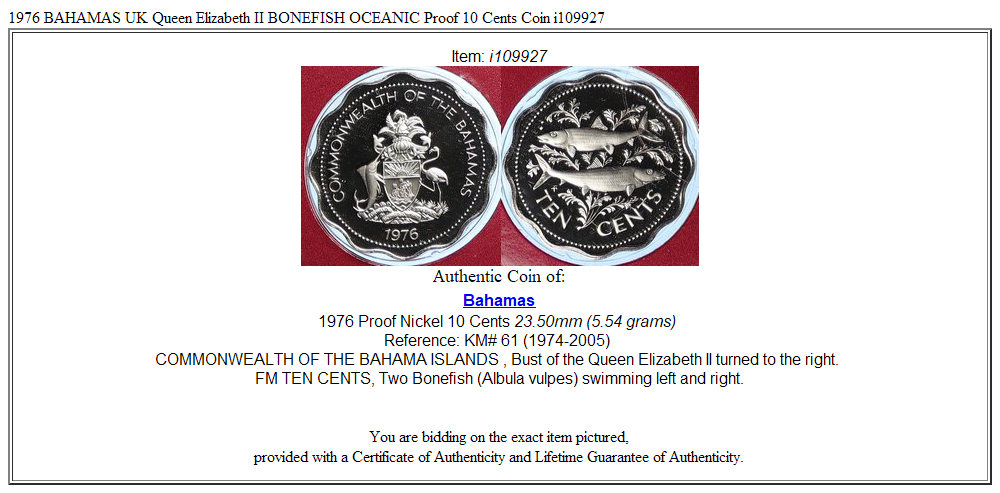 1976 BAHAMAS UK Queen Elizabeth II BONEFISH OCEANIC Proof 10 Cents Coin i109927