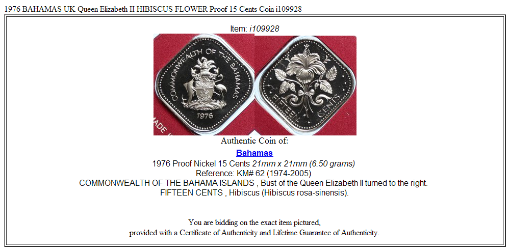 1976 BAHAMAS UK Queen Elizabeth II HIBISCUS FLOWER Proof 15 Cents Coin i109928