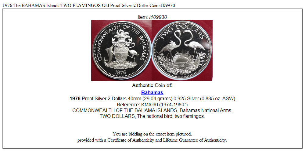 1976 The BAHAMAS Islands TWO FLAMINGOS Old Proof Silver 2 Dollar Coin i109930